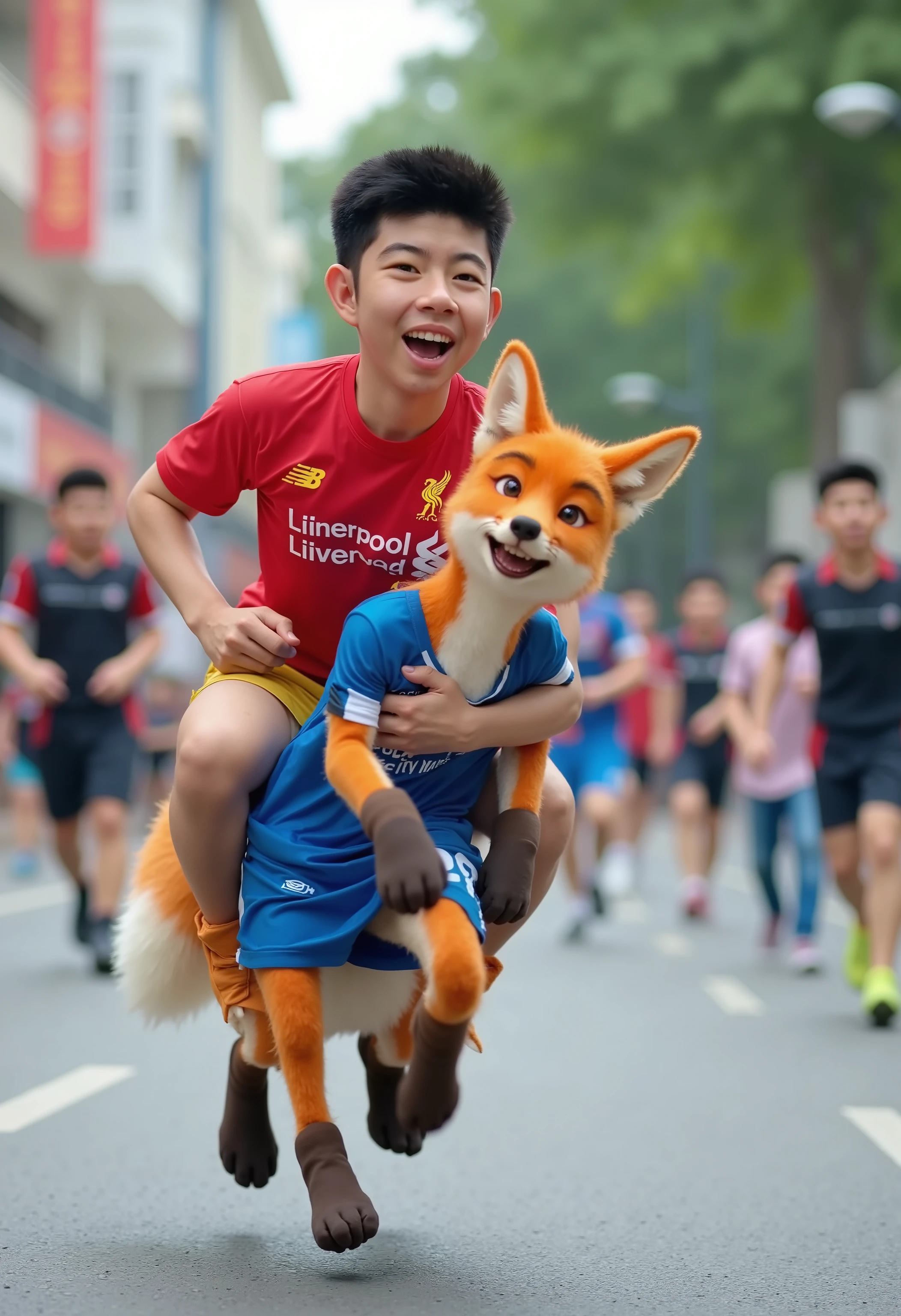 3D Pixar, A boy wearing  a red "Liverpool" T-shirt riding on the back of a fox that wearing a blue "Leicester City" T-shirt running on the street laughing and having fun.