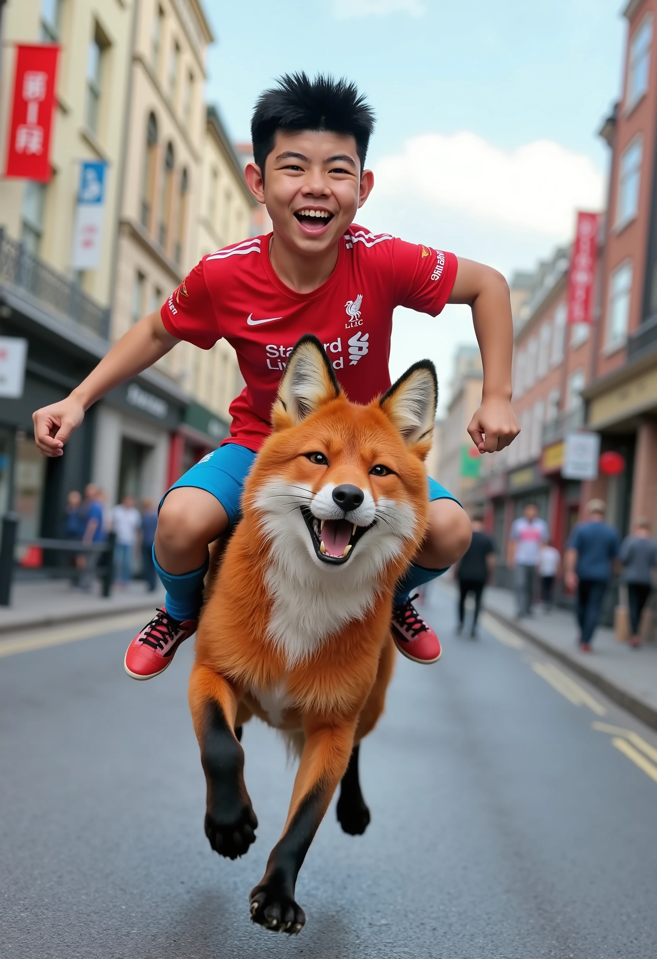 3D Pixar, A boy wearing  a red "Liverpool" T-shirt riding on the back of a fox that wearing a blue "Leicester City" T-shirt running on the street laughing and having fun.