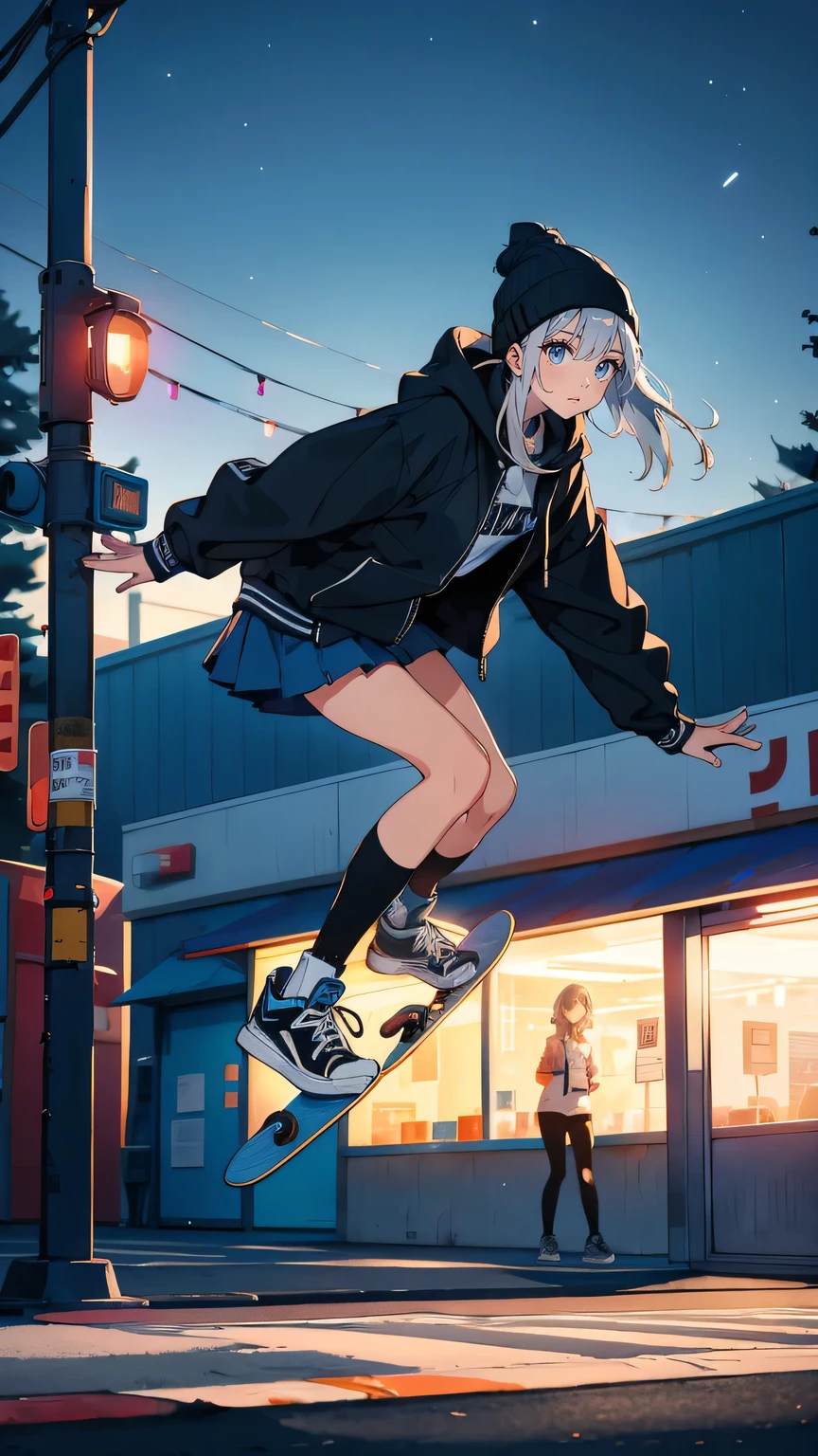 “A  girl practicing a skateboard kickflip in a dimly lit parking lot at night. She wears a casual jacket, sneakers, and a beanie. Her skateboard features a minimalist design with a solid color and subtle patterns. The moment captures her focus as the board flips beneath her, with soft lighting creating dynamic shadows on the asphalt. The urban setting is calm but determined, reflecting her quiet ambition.”