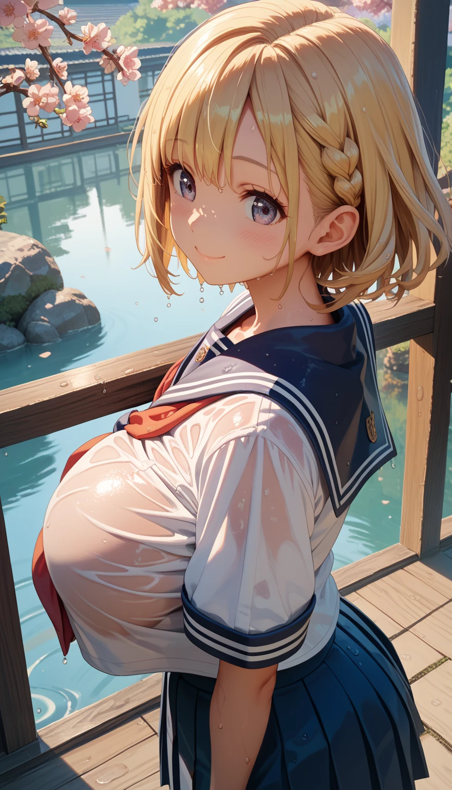 absurdres, (masterpiece, best quality), (ultra-detailed), extremely detailed, super high resolution, (Top Quality photorealistic Illustration), (Super Definition), (best quality,masterpiece:1.0),(cute illustration:1.3), (high Saturation:1.2), highres, ultra-detailed, 32k,8k resolution, intricate details, cinematic scene, detailed background, detailed background,(masutepiece:1.2), (Best Quality:1.2), hyper detailed illustration, beautiful artwork,(Extreme detail CG Unity), (8K Wallpaper)、(exquisite lighting and shadow)、(highly dramatic picture)、(cinematic lens effects),strong light coming in, BREAK (dynamic angle:1.6), (close to viewer:1.6),from below, depth background, in the Poolside, pool, splashing, blue sky, windy, rim light, sunlight, beautiful lighting, strong light, widely, (girly standing:1.3), ((looking at viewer)), BREAK 1 girl, (us1),blonde hair, (purple eyes), ,short hair, short bob cut, (straight hair:1.8), cute girl, (round face:1.6), (baby face:1.6), (kawaii:1.6), (cute:1.6), (loli face:1.6), (round eyes), (ultra-detailed brilliant big eyes), (large pupil), ((shiny skin)), ((pale skin)), (shy), (blush), smile, BREAK (show off nipples:1.8), (sailor uniform lift:1.8), (exposed chest:1.8), (no bra:1.3),medium breasts, (small nipples:1.2), (small areolas:1.2),(pussy:1.3), smile