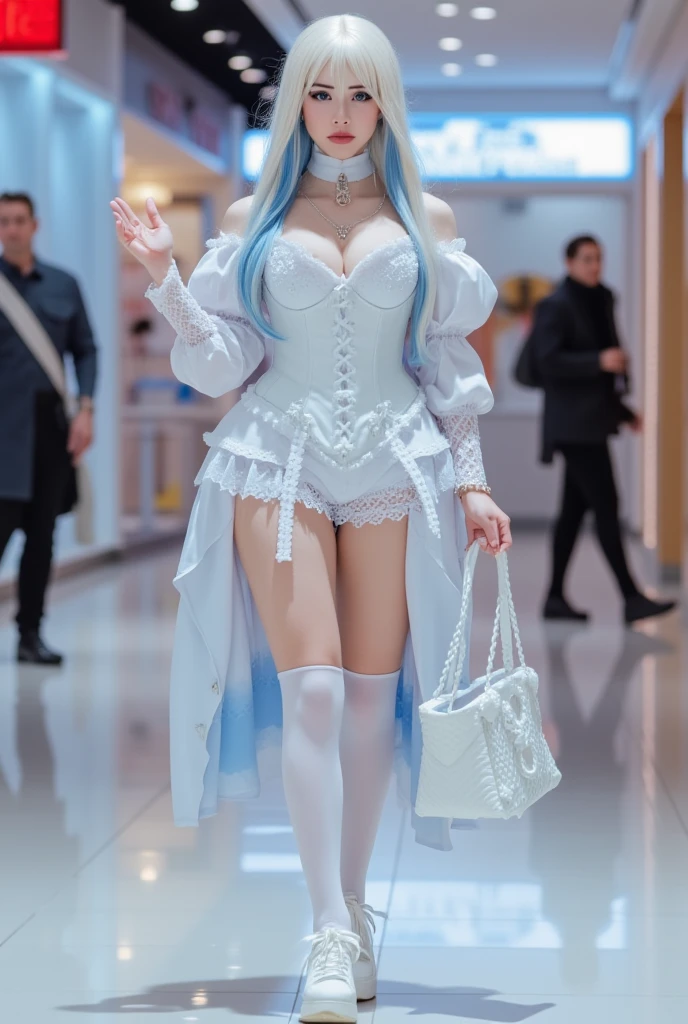 She looks like a very shy girl, full body xianxia, Princess Diaoman, Sexy pink blue bikini underwear，All-over lace，Lace panties, Lace top，Nearly transparent，Powder blue underwear，Long-legged girl，Put on your boots，White leather boots，Huge breasts，Put on your hat，fantasy服装, Put on a priest&#39;s cloak, powder blue cloak, lace cape，穿着fantasy服装, Standing on the street，For the audience，Real 8000g，Impeccable，masterpiece，Professional artwork，masterpiece，Light，Movie Bloom，Perfect face，Pretty Face，fantasy，Dreamy and magical，not real，Intricate details，beautiful pattern