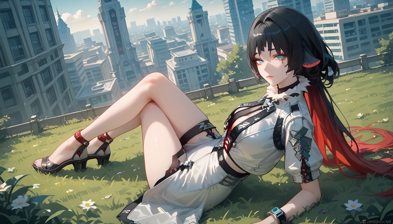 yanedoe- zzz, aqua eyes, long hair , black hair,  red hair , Animal ears,  looking at the viewer , Above the building,I look at the city, sexy clothes , sitting on the grass,  legs raised up , erotica, very sexy,  sexy position ,  summer dress,  sexy clothes ,