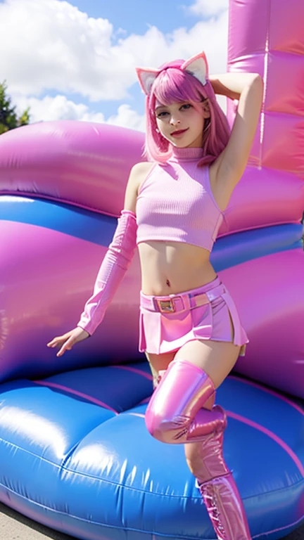  teenager with pink hair, slim model, Latex top  ,  pleats latex skirt pink,  latex arm warmer ,  knee-high latex boots, Cat ears, bouncy castle  ,  realistic , 