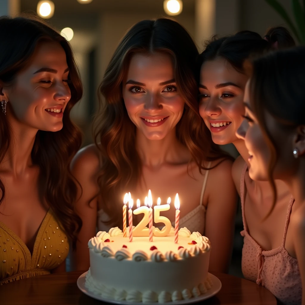 Shakira Sultani is my 25 year female colleague. today is her birthday, create a beautiful picture of her celebrating her birthday cake and her female friends are around her, celebrating with her.