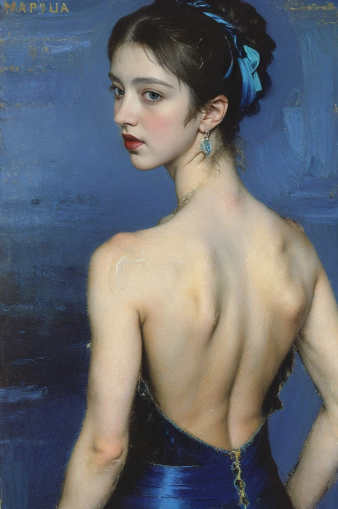 An oil painting in the Raphael style, 1 girl is wearing a backless dress,  blue gradient background,  neon hairstyle ,texture trim , (masterpiece, Best Quality )