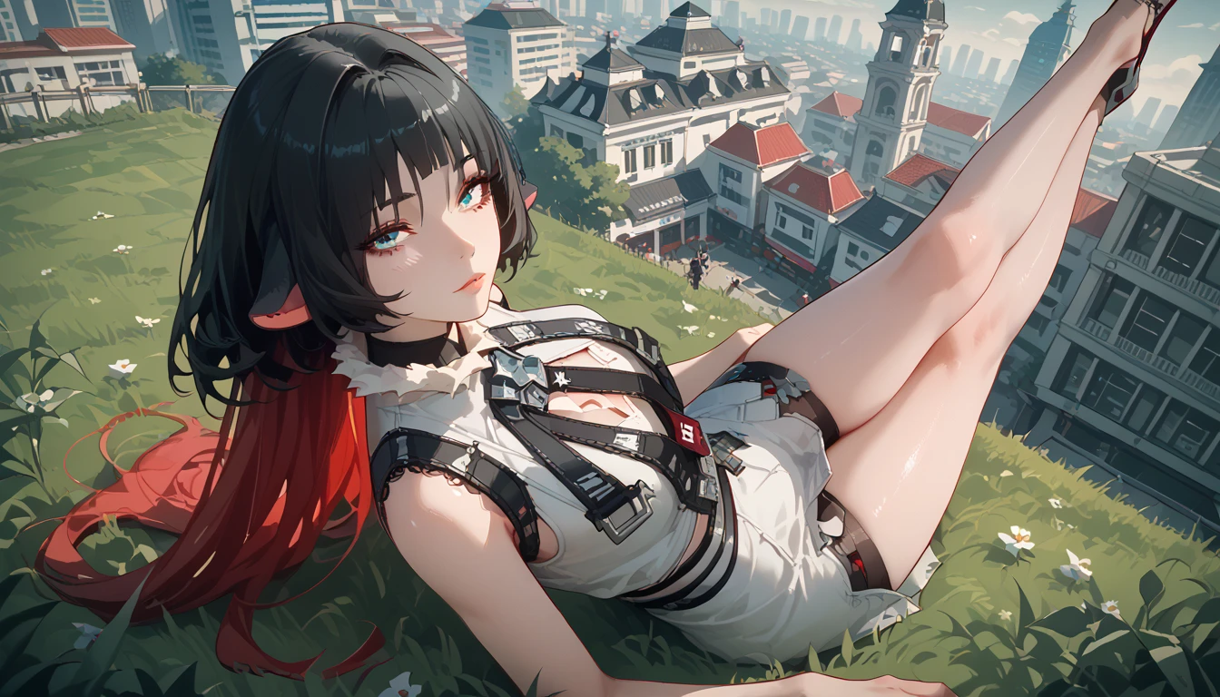 yanedoe- zzz, aqua eyes, long hair , black hair,  red hair , Animal ears,  looking at the viewer , Above the building,I look at the city, sexy clothes , sitting on the grass,  legs raised up , erotica, very sexy,  sexy position ,  summer dress,  sexy clothes ,