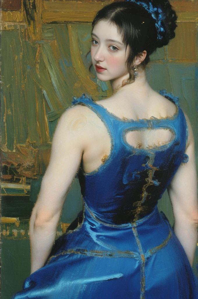 An oil painting in the Raphael style,  1 girl，Looking back，Wearing a backless dress,  blue gradient background,  neon hairstyle ,texture trim , (masterpiece, Best Quality )