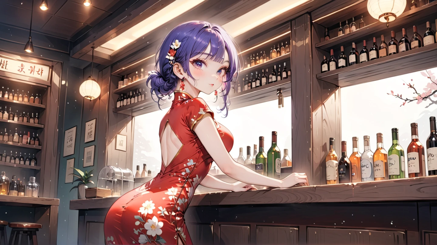 rating_safe, score_9, score_8_up, score_7_up, source_anime, masterpiece, best quality, solo, 1girl, wondering face, firm breasts(she is wearing red hugging cheongsam and white floral) ( standing, bar counter, look back, side view) see butt and hip, lough bar Tokyo, (Japan), best quality, 8k,