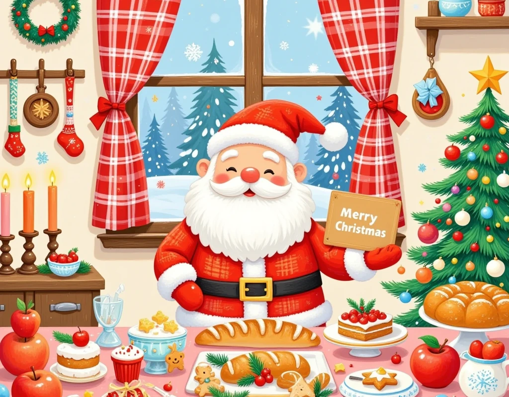 Pastel Art，Christmas illustration ，Plaid curtains ，The kitchen tablecloth is lined with bread、cake、Candle、glass、Christmas tree、Gingerbread Man、 apples、tableware、Gift🎁。 with socks and Christmas wreaths hanging on the wall。 Santa holds a sign in his hand，It says Merry Christmas 。