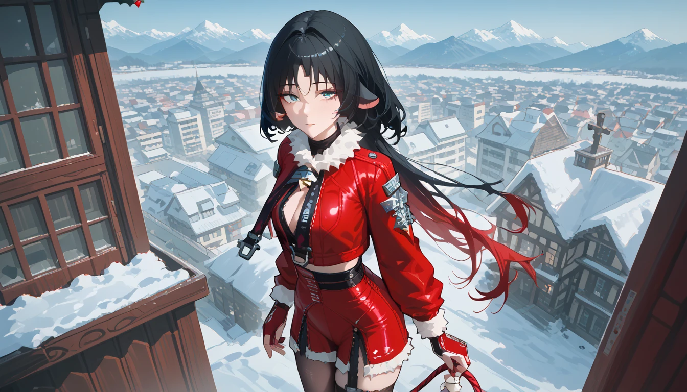 yanedoe- zzz, aqua eyes, long hair , black hair,  red hair , Animal ears,  looking at the viewer , Above the building,I look at the city, sexy clothes , cute to the viewer , in a christmas costume ,  red christmas costume,  very sexy suit ,  snow , на фоне  snow а бюстгальтер, erotica, very sexy,  sexy position ,  summer dress,  sexy clothes ,