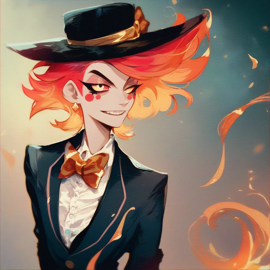 "arackniss ,   dark dark humanoid character ,   black hat with beige ribbon  ,  rich pink cut eyes ,   empty shadow face  ,  formal black suit ,  cream shirt ,   gold button bow tie  ,   fiery dark background  ,  mysterious atmosphere ,  Cartoon Style ,  Hazbin hotel character  , , Elegant,  intense expression , smooth shading.