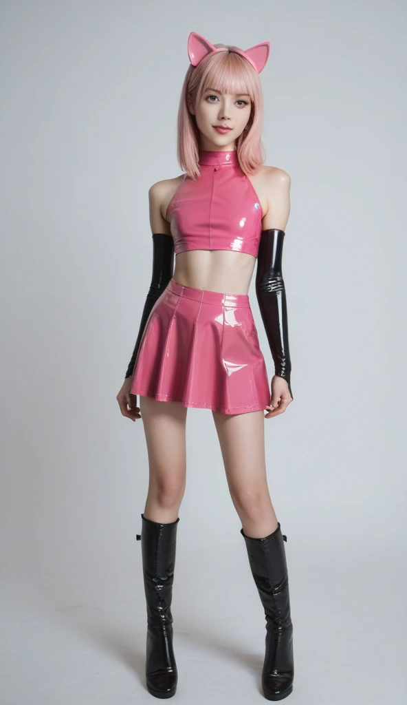  teenager with pink hair, slim model, Latex top  ,  pleats latex skirt pink,  latex arm warmer ,  knee-high latex boots, Cat ears, bouncy castle  ,  realistic , 