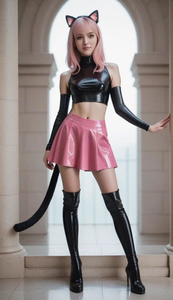  teenager with pink hair, slim model, Latex top  ,  pleats latex skirt pink,  latex arm warmer ,  knee-high latex boots, Cat ears, bouncy castle  ,  realistic , 