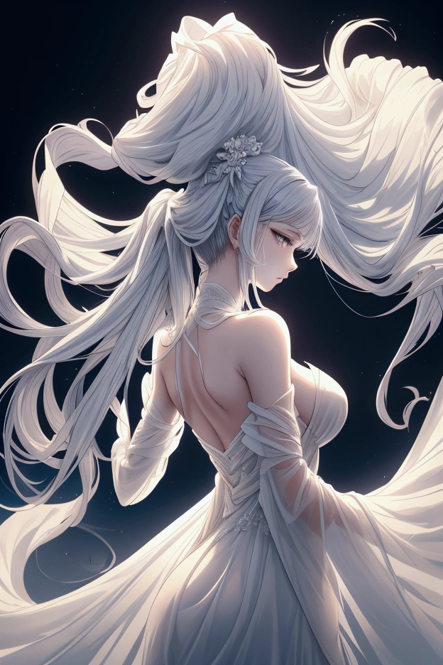 A girl with white hair and high ponytail,Hair is neat and not flowing,Dressed in a long white dress,Black pants,No other decoration,Clean white legs,Bare arms,Simple skirt,Clothing not fitting,Princess dress
