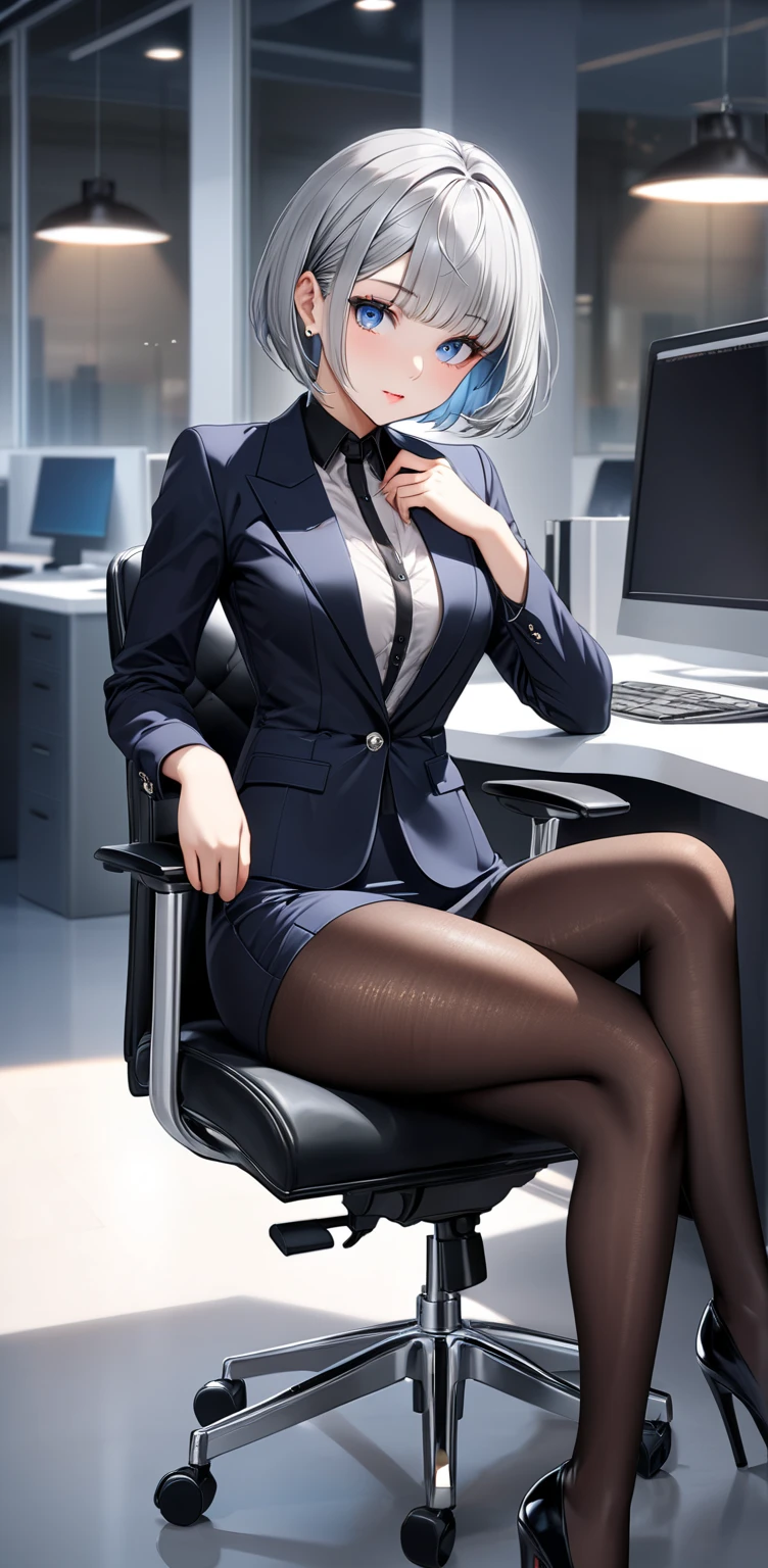 Ultra high resolution, rich colors, perfect image, top quality, detailed image, beautiful single woman, glowing skin, skin and clothing texture, delicate eyes, office, sitting in chair, crossed legs, suit, tight skirt, black pantyhose, heels, long silver hair, red eyes, glasses