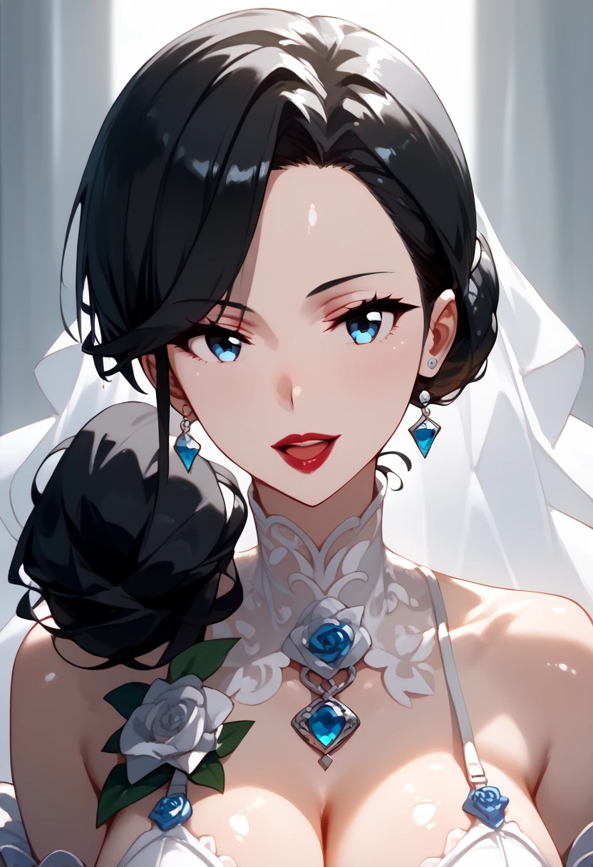 score_9, score_8_up, score_9, shiny skin, shiny, 
Yukinoshitamama, 
single hair bun, black hair, blue eyes, red lips
huge breasts, wide_hips ,open mouth, seductive_smile,
upper body, pubic_tattoo,
white gloves, white thighhighs, white garter straps, Wedding dress, 
