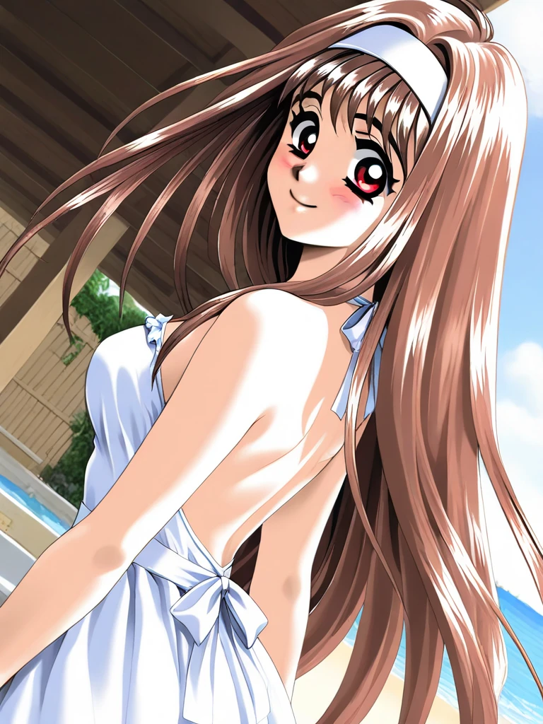 masterpiece,best quality,very aesthetic,highres, YuukiMizuho, 1girl, solo, long hair, brown hair, red eyes, medium breasts, hairband, smile, happy, blush, Backless Dress, white dress, A beach bathed in sunlight filtering through the trees, upper boday, cinematic angle,