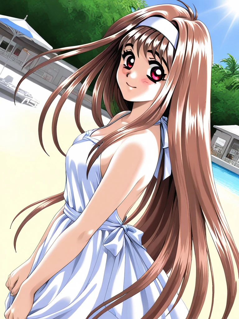 masterpiece,best quality,very aesthetic,highres, YuukiMizuho, 1girl, solo, long hair, brown hair, red eyes, medium breasts, hairband, smile, happy, blush, Backless Dress, white dress, A beach bathed in sunlight filtering through the trees, upper boday, cinematic angle,