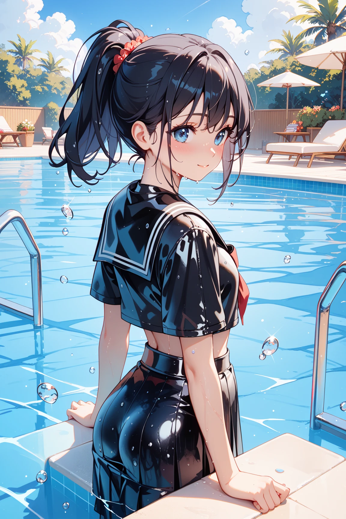  top quality , beautiful faces with great attention to detail,( heavy rain in the outdoor pool at night ), focus on the face ,Light from the front,( only  girl with an embarrassed smile),(( black rubber sailor suit made of black rubber {{{{ black rubber sailor suit made of black rubber }}}}and thin black rubber black {{ wet short ponytail black hair }})),( separate rubber skirt ), casual standing posture , small breasts,( blue eyes,  eye light ),( wet tight and thin ),( lots of large raindrops with lots of water droplets floating ), depth of field 