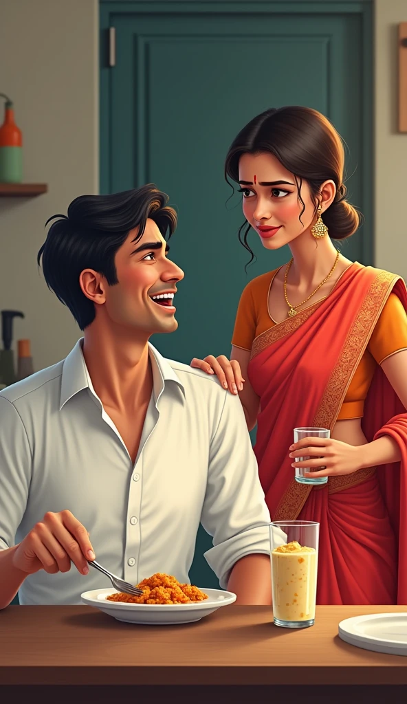 Pixar Disney Indian couple bearded boy with buzzcut combing his girlfriend curly hair and she is wearing a oversized blue jesery