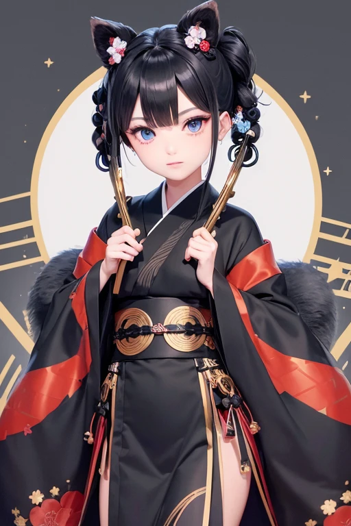 Black, round raccoon ears  　  Black and Gray Chignon Hair  　 Long eyeliner 　 round eyes　  blue eyes　 gorgeous dark blue Japanese kimono with a golden pattern  　Fireball　Shiden no Ryu 　  holding a red and blue magic wand about 50 cm in one hand