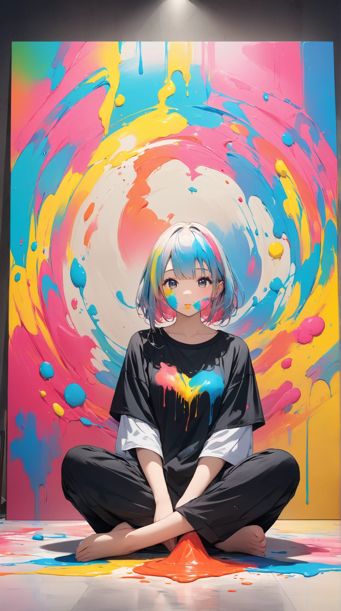 Dough, Thick Paint,(Amazingly absurd)),(masterpiece:1.2),超High resolution, Attention to detail, high quality, High resolution, 最high quality, 4K, 8k、Beautiful work,Artwork using paint、Colorful gradient background、Girl with paint on face and body、Sit in front of the artwork