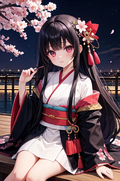 ( top quality )、(masterpiece),、( super high res)、 girl 、 black hair、 long hair 、kimono、(night)、cherry blossoms、
