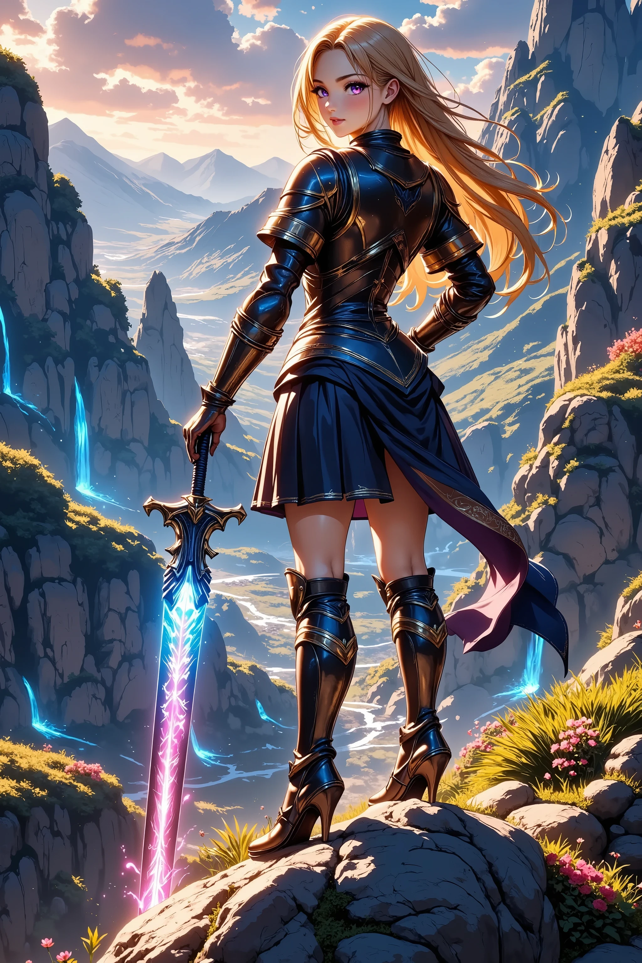 A female knight overlooking the town、Shining Magical Sword 、Sengoku Warlord Armor、perfect face、 double eyelids、glossy brown skin, small breasts, video, yellow hair, inviting, top quality, textured skin, thin legs, high heels, movie light effect, Mountain top, Big city night view 