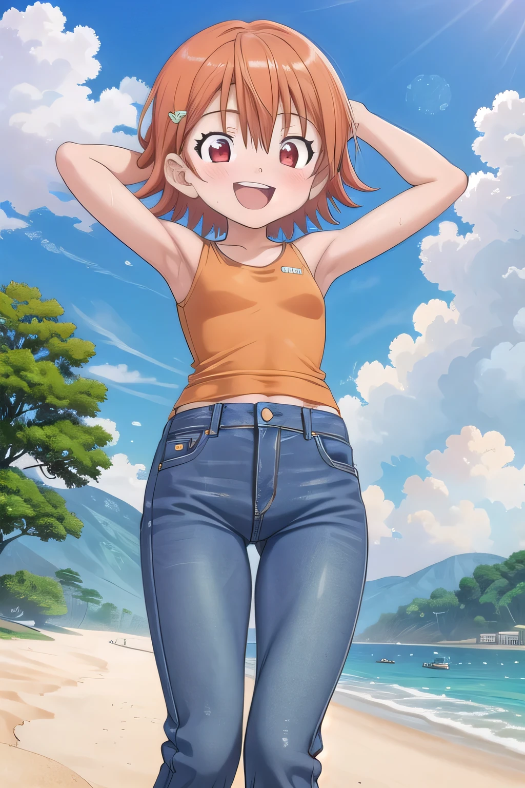 masterpiece,best quality,ultra detail,1girl, 14yo, petite, ((round face, ecstasy, orgasm face, drooping eyes, shame smiling, blush)), dropping eyes, sleepy, background((under the beach, (day:1.2), under sand beach, bright sky)), takenouchi_sora, short hair, orange hair, red eyes, arms behind head, contrapposto, spread armpits, looking at viewer,, Yellow T-shirt, sleeveless, (jeans pants:1.2, flares jeans:1.2, skinny jeans:1.2, blue jeans:1.2), standing, (legs spread:3:1), dynamic pose, Sweaty crotch, Steam from the crotch, from below, full body