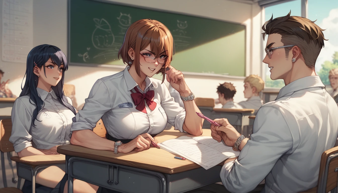  Manami Kinjo from Pretty Cat，For PONYXL 、 Model female teacher ， and muscle boys、Having a ， Shorthair cat  、 Doctor Suit 、、 anime characters 、 in the classroom、Background with blackboard