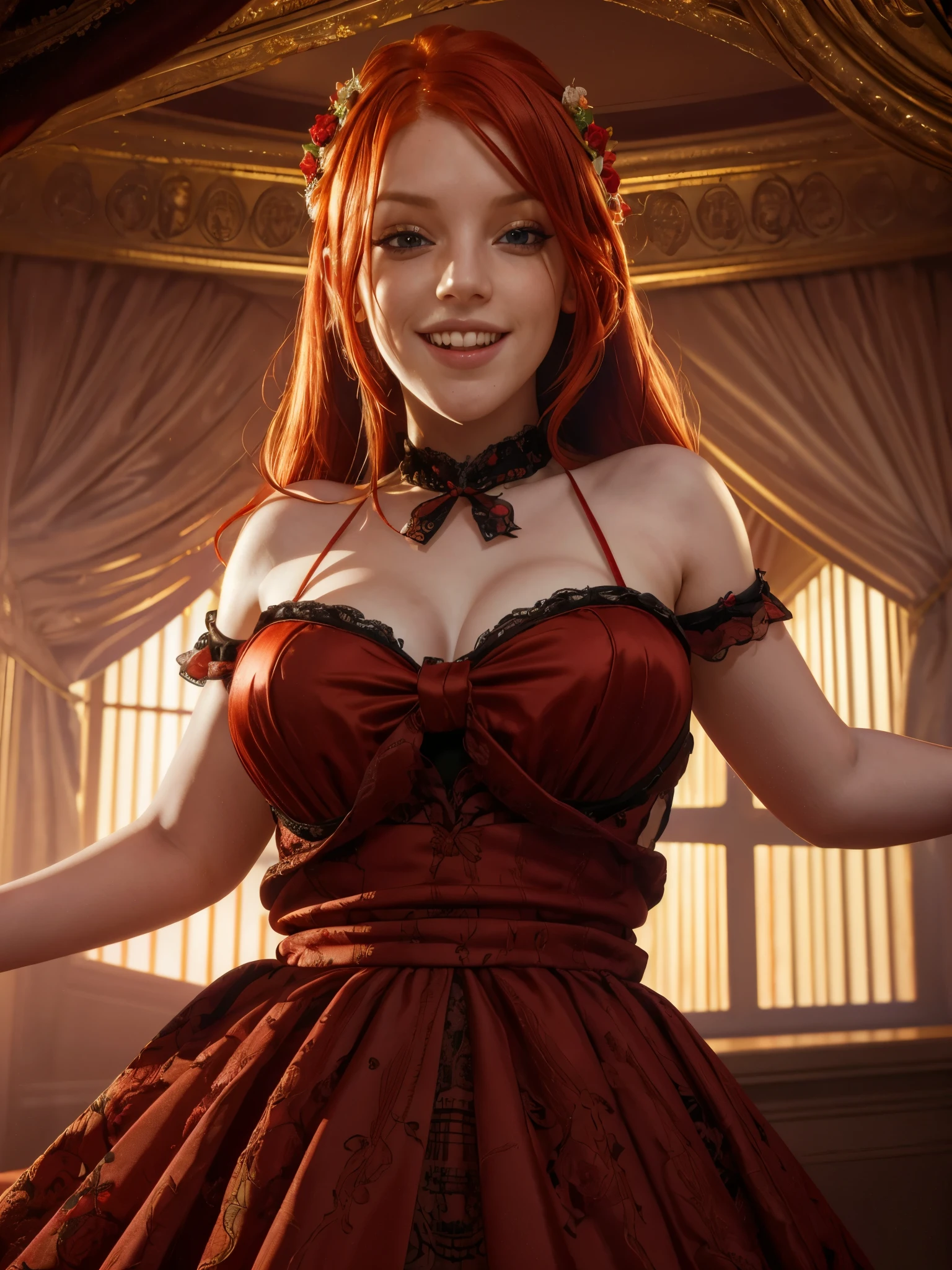 highly detailed, 8k, masterpiece, 1girl, Red tied_hair,  dress , crazy_smile, (perfect_face), detailed_background, full_body, bloom,(beautiful lighting:1.3), caustics, dynamic lighting, from_below, fistevens