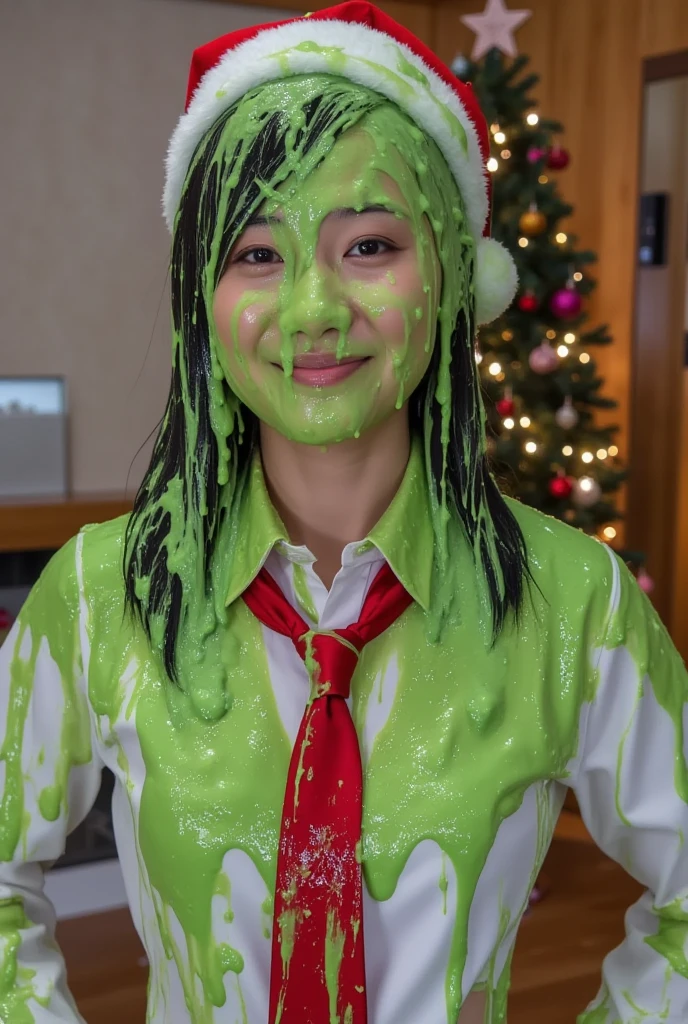 DSLR photograph. Beautiful woman in a shirt and tie covered in green water. Photorealistic. Wet liquid. Nasty slime. Raw photo. Inside cabin. Fireplace. Christmas tree in background. Christmas lights. Bokeh. Green Slime. Dripping green goo. 21 years old. (Asian: 1.1). Green water. Portrait photo. Beautiful Asian face. Wearing red lace push-up bra. Wearing Santa hat. Wavy hair.