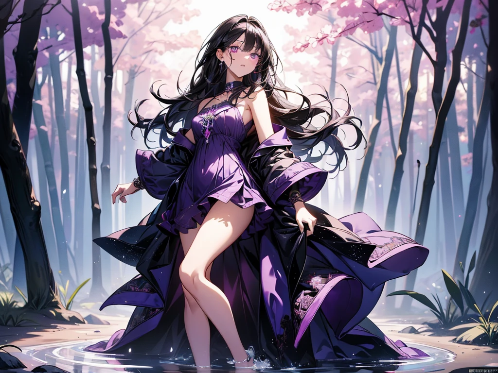 (masterpiece, best quality: 1.2), 1girl, solo, anime art, magic circle, black hair, long hair, finely detailed eyes, smiling expression, sweat, dress with ruffles, purple color scheme, high heels, white gloves, heart shaped necklace, tiara, wielding a wand, dragon, forest, breath of fire, wings, scales, sharp claws, pointed tail, trees, moss, moonlight filtering through the leaves,  fallen leaves, shrubs, sakura flowers, flying flowers, river, bridge, night clouds, starry sky, windy, rustle of leaves, anime style --auto --s2