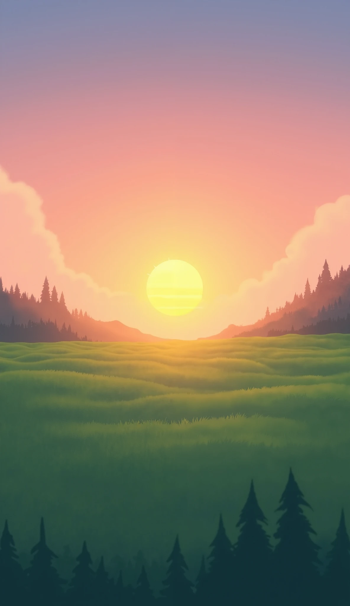 "A peaceful landscape of a sunset over a smooth green grassland, designed in an animation style. The grass is soft and evenly spread, gently swaying in a light breeze. The sky is vibrant with shades of orange, pink, and purple as the sun sets on the horizon, casting a warm glow across the scene. The setting is minimalistic, with no trees or buildings, highlighting the simplicity and serenity of the open field. The atmosphere is calm and tranquil, perfect for a relaxing visual experience."
