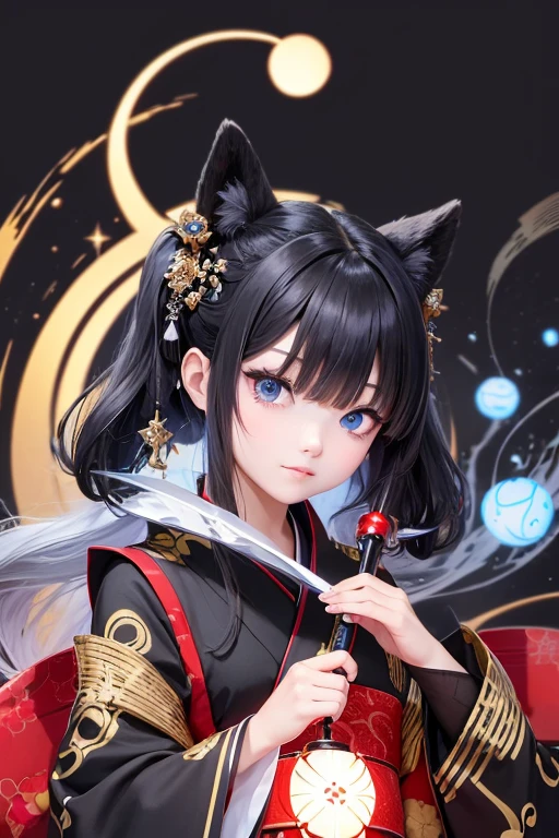 Black, round raccoon ears  　  Black and Gray Chignon Hair  　 Long eyeliner 　 round eyes　  blue eyes　 A gorgeous Japanese kimono with a golden pattern 　Floating Fireball 　Shiden no Ryu 　  holding a red and blue magic wand about 50 cm in one hand