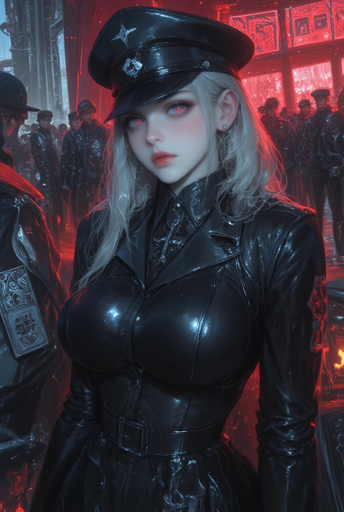 1girl look at me, white style, trump, luxury, exquisite digital illustration, dark fantasy, intricate art work, german nazi military uniform of 1945, swastika cross, ((gigantic breasts:2.0)), dark, background battlefield tank shooting, ((very pale skin)), ((red eyes)), neon eyes, black coat, quepis.