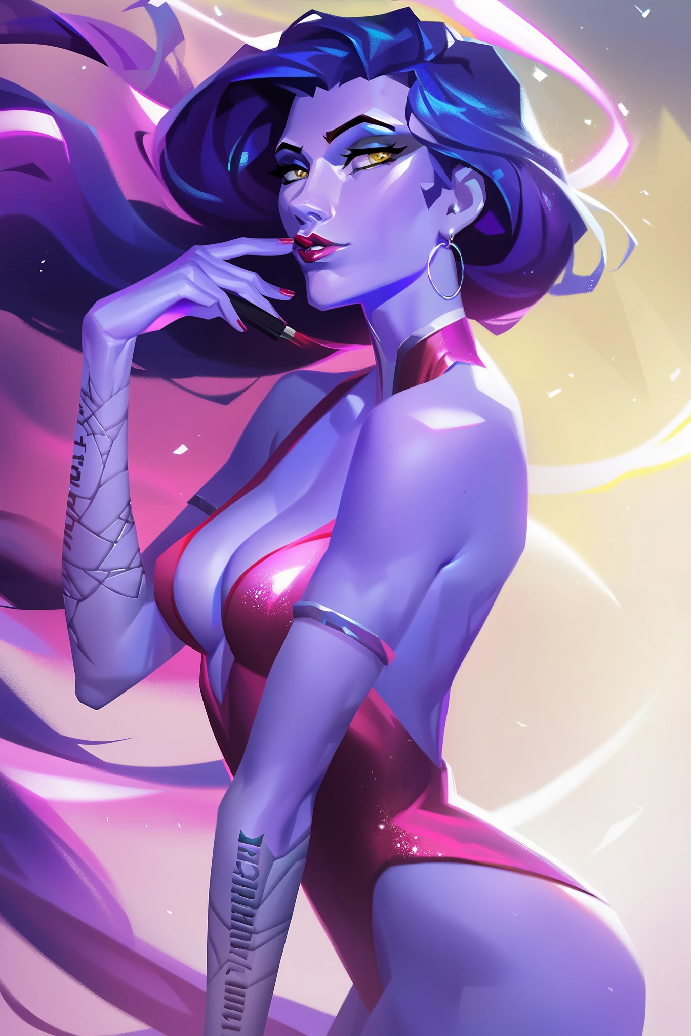 score_9, score_8_up, score_7_up, score_6_up, score_5_up, score_4_up, (masterpiece: 1.0), best quality, perfect anatomy, perfect composition, perfection, painterly, digital painting, portrait. great use of color theory, use of paint glazing, cinematic lighting, 1girl, elegant, refined, widowmaker, sexy outfit, digital painting, brushstrokes, digital painting, brush texture, colorful, character design, neon lighting