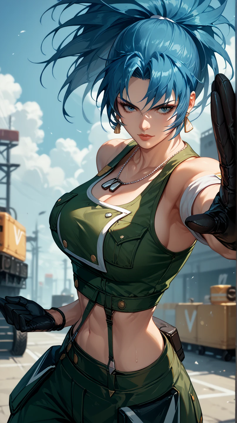 Sexy leona heidern,  Dark blue hair , triangle earrings, condog tags, at a military station ,  wearing military dress, 