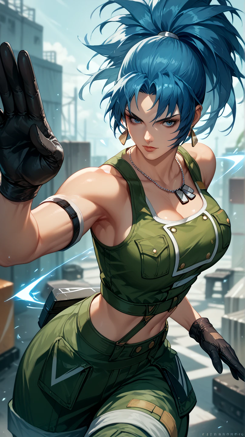 Sexy leona heidern, Dark blue hair , triangle earrings, condog tags, at a military station , wearing military dress,