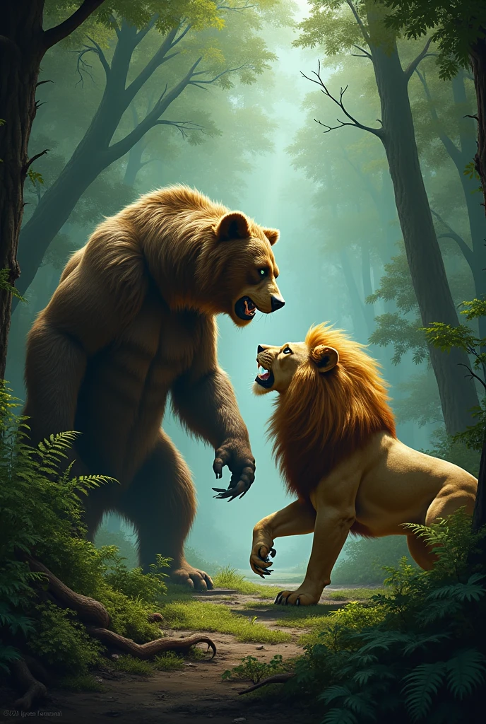 **Battle Between Leo and Gor:**
- *"A dramatic battle scene in a forest clearing. A fierce anthropomorphic lion is clashing with a massive, menacing bear-like creature. The scene is dynamic, with intense action and movement, showing Leo’s agility and Gor’s brute force."*
