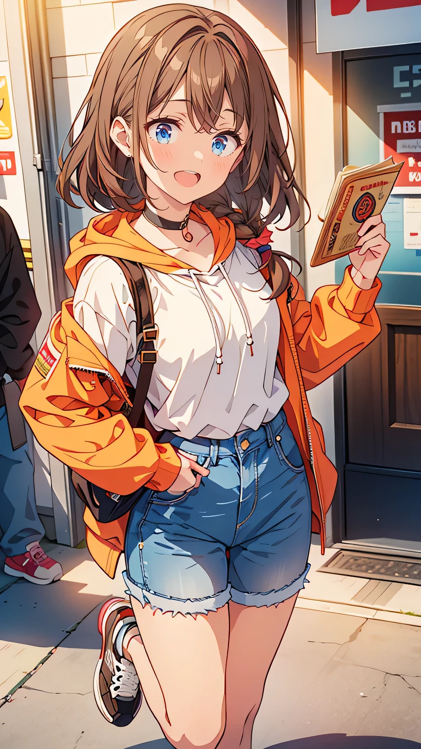 “A cheerful young woman with shoulder-length, wavy brown hair and bright, expressive eyes. She wears a casual, colorful outfit, consisting of a light hoodie, jeans, and sneakers. Always seen with a camera hanging around her neck, she exudes energy and curiosity. Her confident smile reflects her adventurous spirit, as she stands in front of a ramen shop, eagerly pointing at the menu. The scene is lively, and her vibrant personality shines through.”