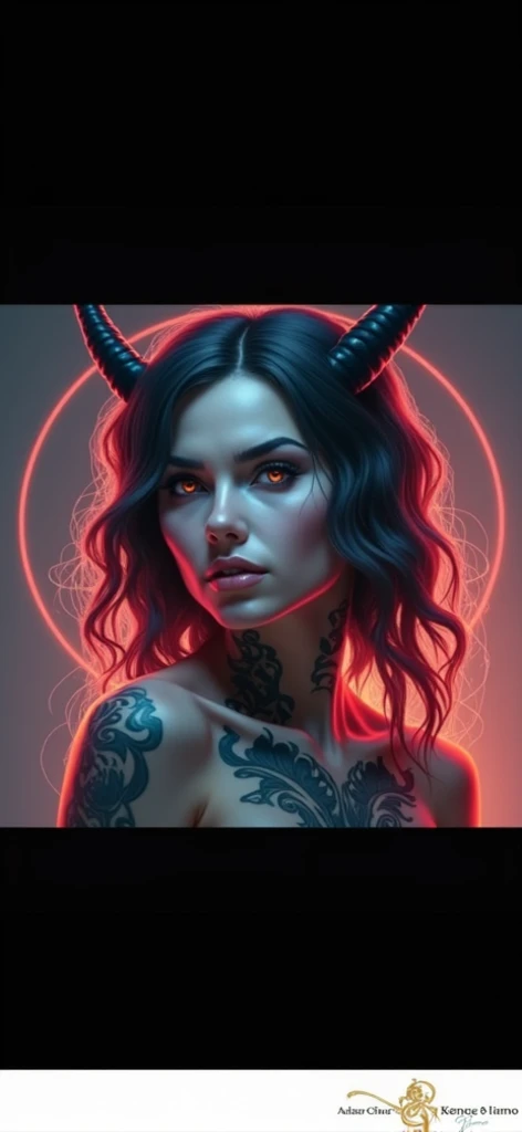 tattooed woman, profile, with horns and a seductive look