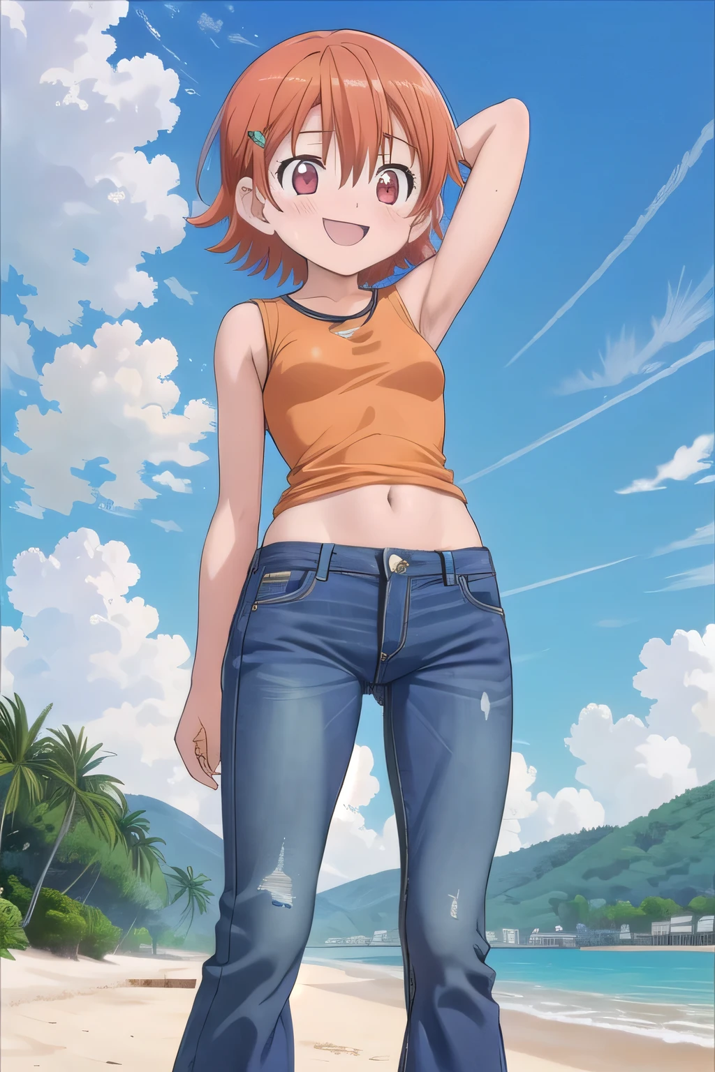 masterpiece,best quality,ultra detail,1girl, 14yo, petite, ((round face, ecstasy, orgasm face, drooping eyes, shame smiling, blush)), dropping eyes, sleepy, background((under the beach, (day:1.2), under sand beach, bright sky)), takenouchi_sora, short hair, orange hair, red eyes, arms behind head, contrapposto, spread armpits, looking at viewer,, Yellow T-shirt, crop tee, sleeveless, (jeans pants:1.2, flares jeans:1.2, skinny jeans:1.2, blue jeans:1.2), standing, (legs spread:3:1), dynamic pose, Sweaty crotch, Steam from the crotch, from below, full body