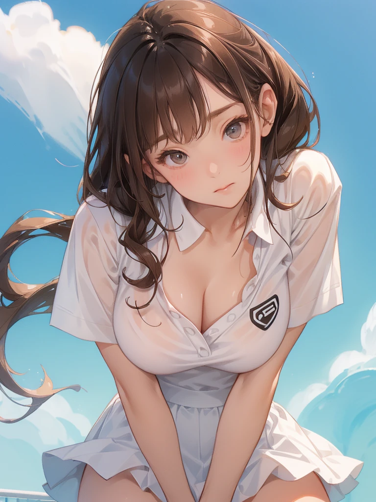 Big Breasts、( pure white tennis wear、 white polo shirt、 White Micro Mini Skirt)、Beautiful thighs、(Curly Hair、 bright brown hair )、 playing tennis、 Sweating 、Looking down at the viewer、((From below))、((From below))、((From below))