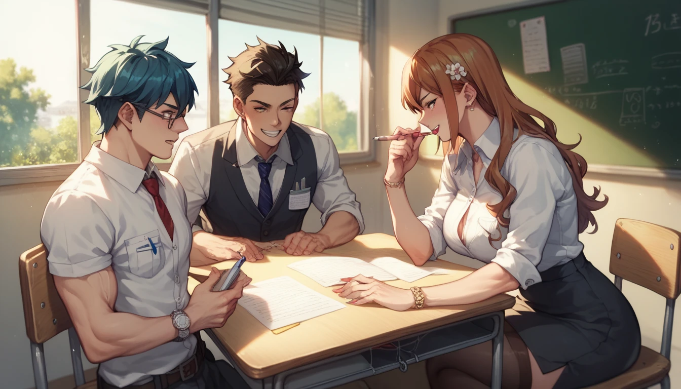  Manami Kinjo from Pretty Cat，For PONYXL 、 Model female teacher ， and muscle boys、At a ， Shorthair cat  、 Doctor Suit 、、 anime characters 、 in the classroom、Background with blackboard