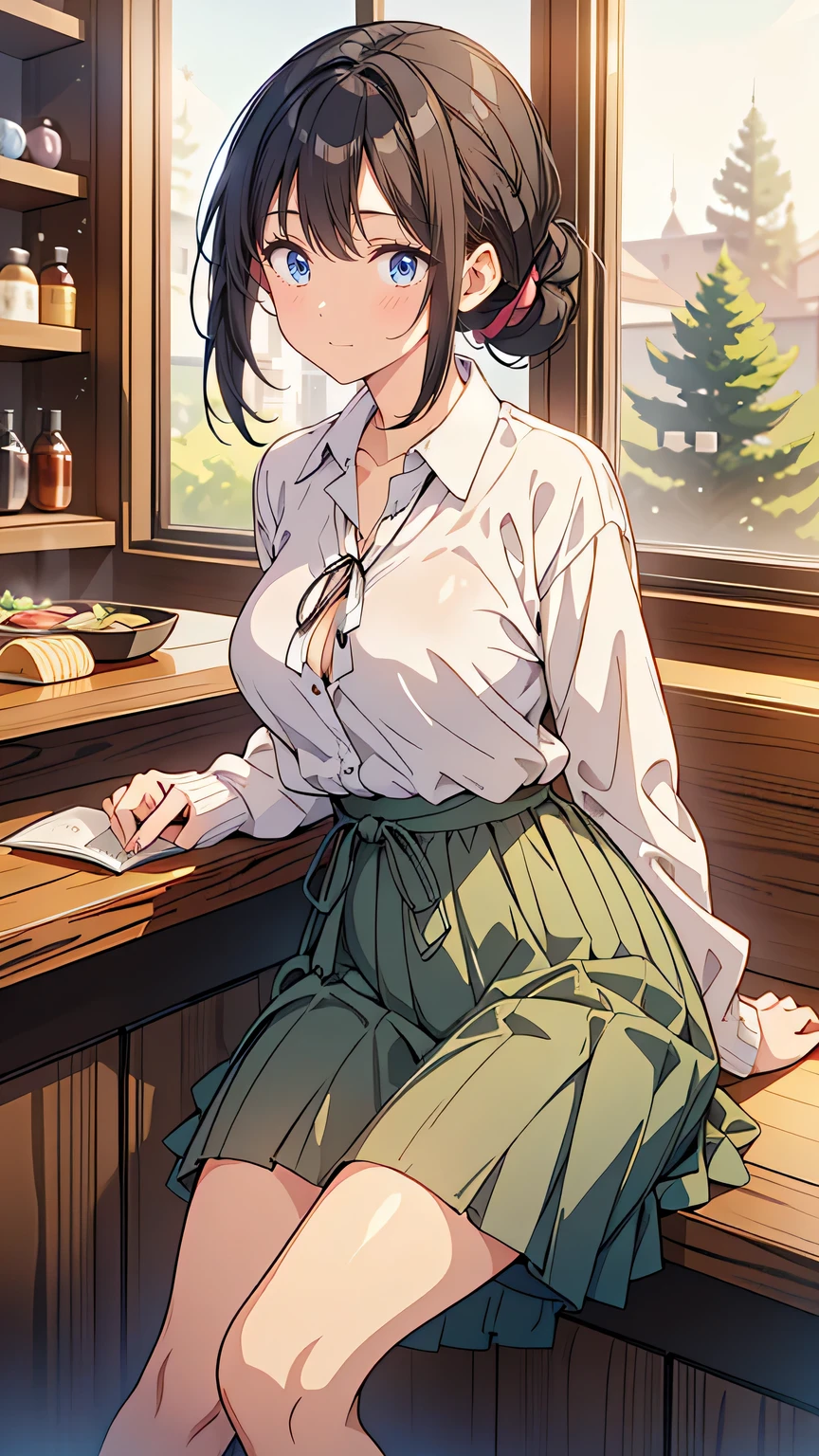 “A quiet and gentle young woman with long, straight black hair, neatly tied into a low ponytail. She wears a soft pastel-colored cardigan over a simple blouse and a long skirt. Her calm expression and soft smile give her a serene aura. She is sitting at a ramen shop counter, quietly reading a book while waiting for her ramen, with an air of tranquility surrounding her. The shop’s warm lighting highlights her peaceful demeanor.”