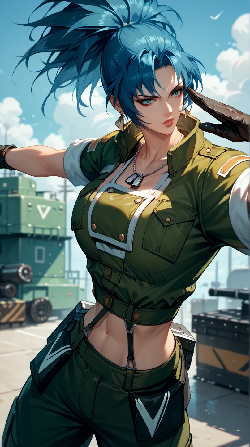 Sexy leona heidern, Dark blue hair , triangle earrings, condog tags, at a military station , in military uniform,