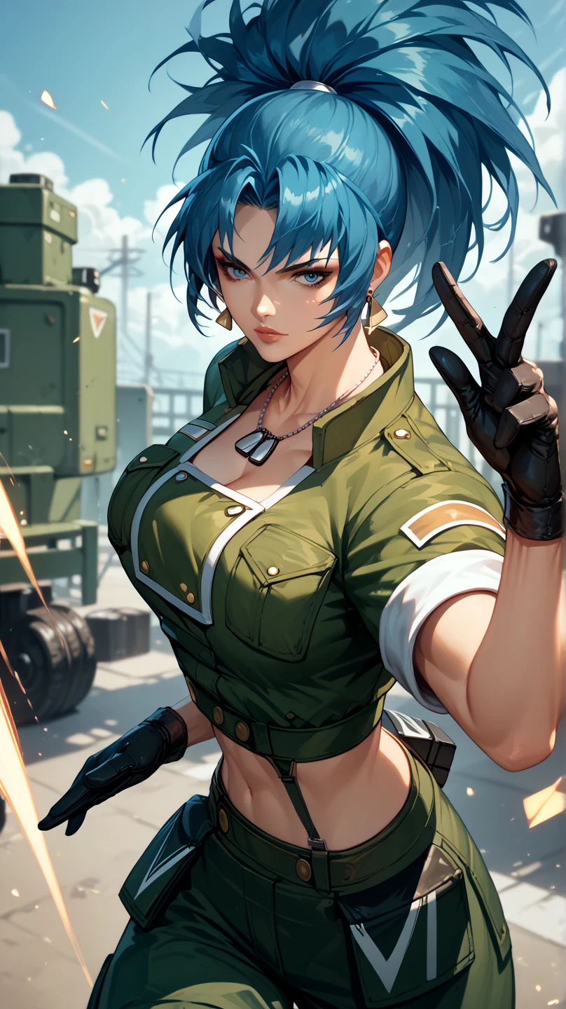 Sexy leona heidern,  Dark blue hair , triangle earrings, condog tags, at a military station , in military uniform, 