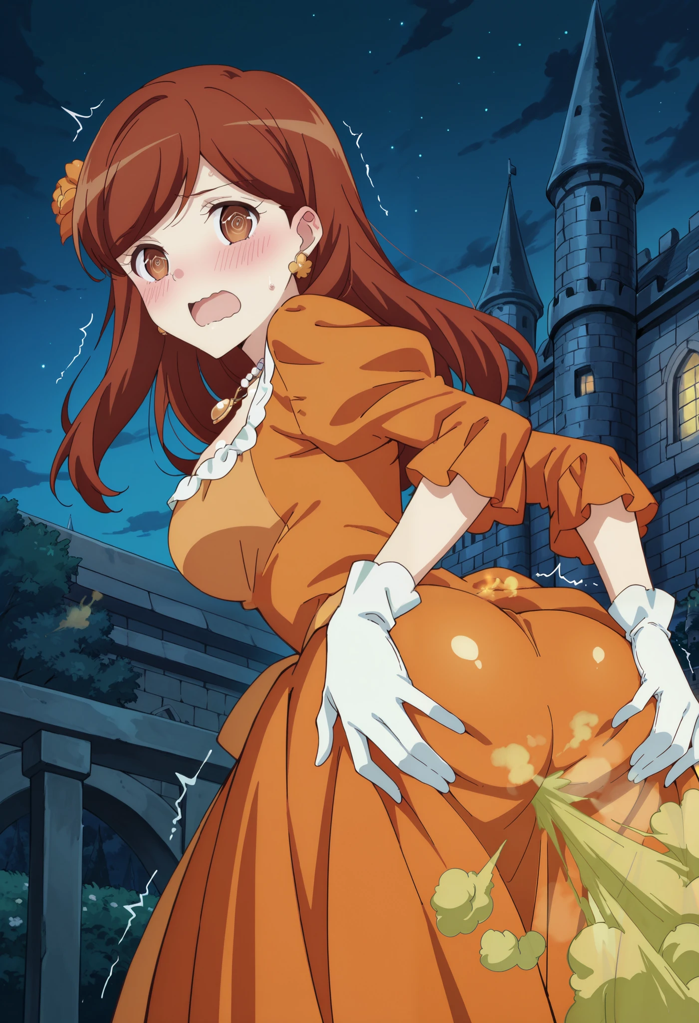 masterpiece, best quality, absurdres, highres, newest, score_9, score_8_up, score_7_up, source_anime, 1girl, solo, mary hunt, long hair, brown hair, brown eyes, jewelry, necklace, orange dress, own hands together, earrings, gloves, flower, bend over, looking from behind, sweat, worried, open mouth, @_@, wavy mouth, blush, trembling, shaking, shiny skin, trying to cover ass, hands on ass, spreading ass, presenting ass, ass, ((fart)), ((farting)), anime coloring, sky, night, castle,