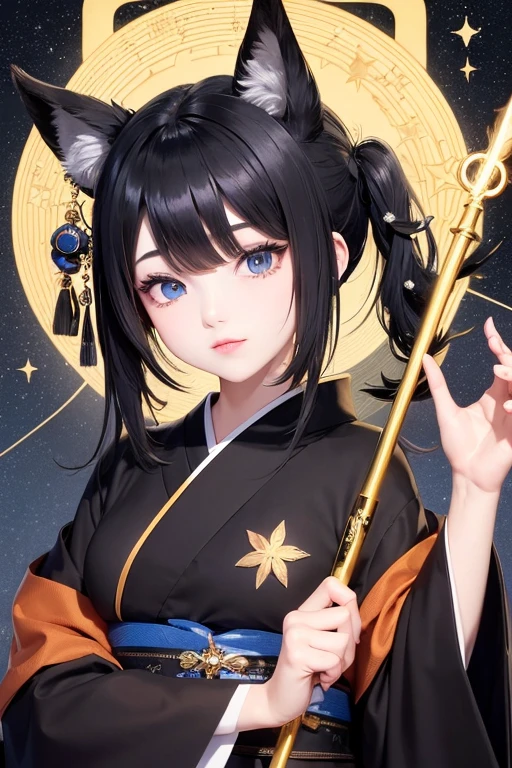 Black, round animal ears  　  Black and Gray Chignon Hair  　 Long eyeliner 　 round eyes　  blue eyes　 A gorgeous Japanese kimono with a golden pattern 　Floating Fireball 　Shiden no Ryu 　  holding a magic wand with a star decoration on the tip of about 50 cm in one hand